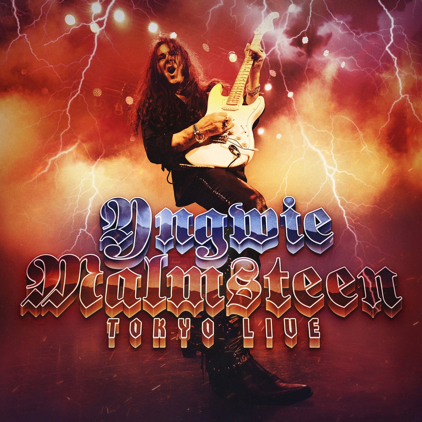 Yngwie Malmsteen playing a white electric guitar against a background of orange lightning.