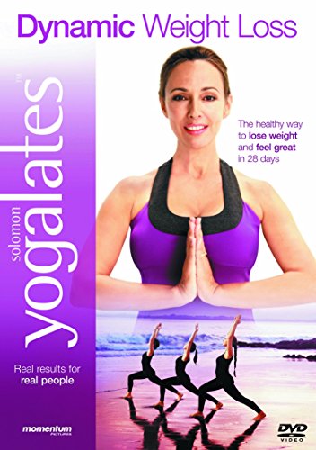 The image is a DVD cover for "Yogalates 7: Dynamic Weight Loss." Alt text: A woman in a purple sports top on a DVD cover.