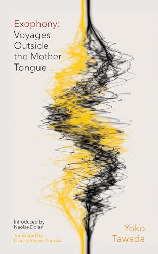 Book cover: “Exophony” with abstract yellow and black line art.