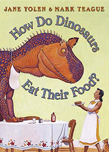 Colorful children's picture book featuring dinosaurs at a dining table.