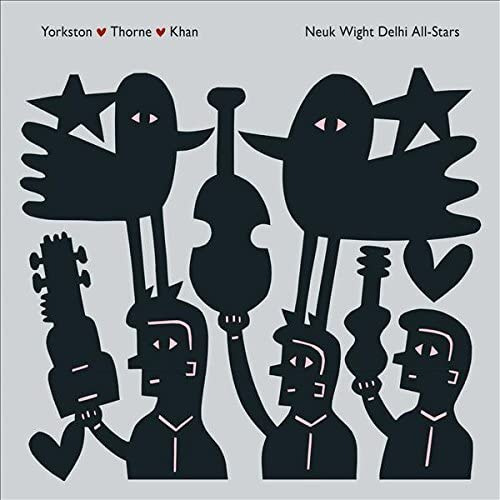 Album cover with stylized black silhouettes of musicians and instruments.