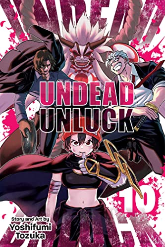 Manga cover featuring three characters and a demon-like figure against a pink background.
