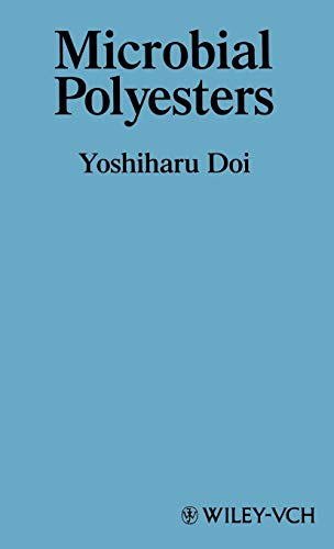 Blue book cover with title "Microbial Polyesters" and author Yoshiharu Doi.