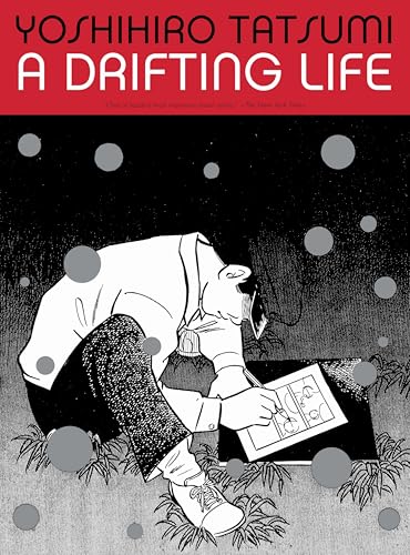 A man draws on a page outdoors under a dark sky with floating grey circles.