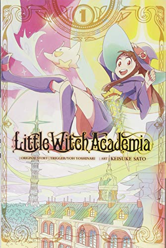 Manga cover featuring a young witch flying above a school building with a star.