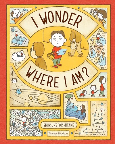 Book cover featuring a confused boy surrounded by small illustrations of maps and diagrams.