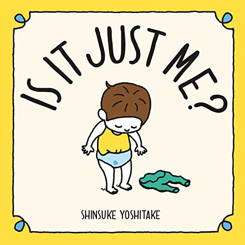 A child in a yellow shirt and diaper looks down at green pants on floor.