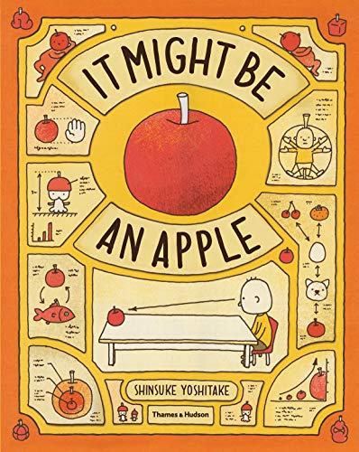 Book cover with a large red apple surrounded by small sketches of apple-themed illustrations.