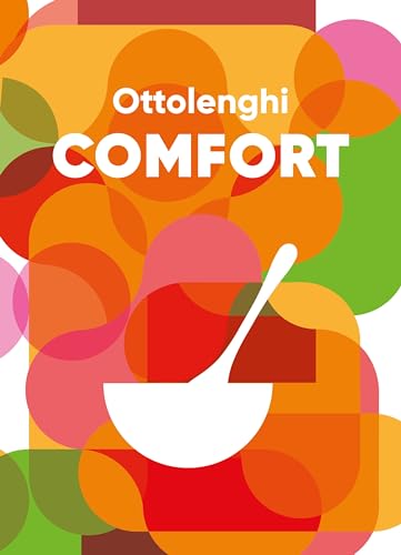Book cover for "Ottolenghi COMFORT" with abstract colorful shapes and a spoon.