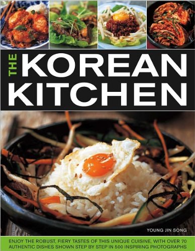 Cookbook cover for “The Korean Kitchen” featuring colorful food photography.