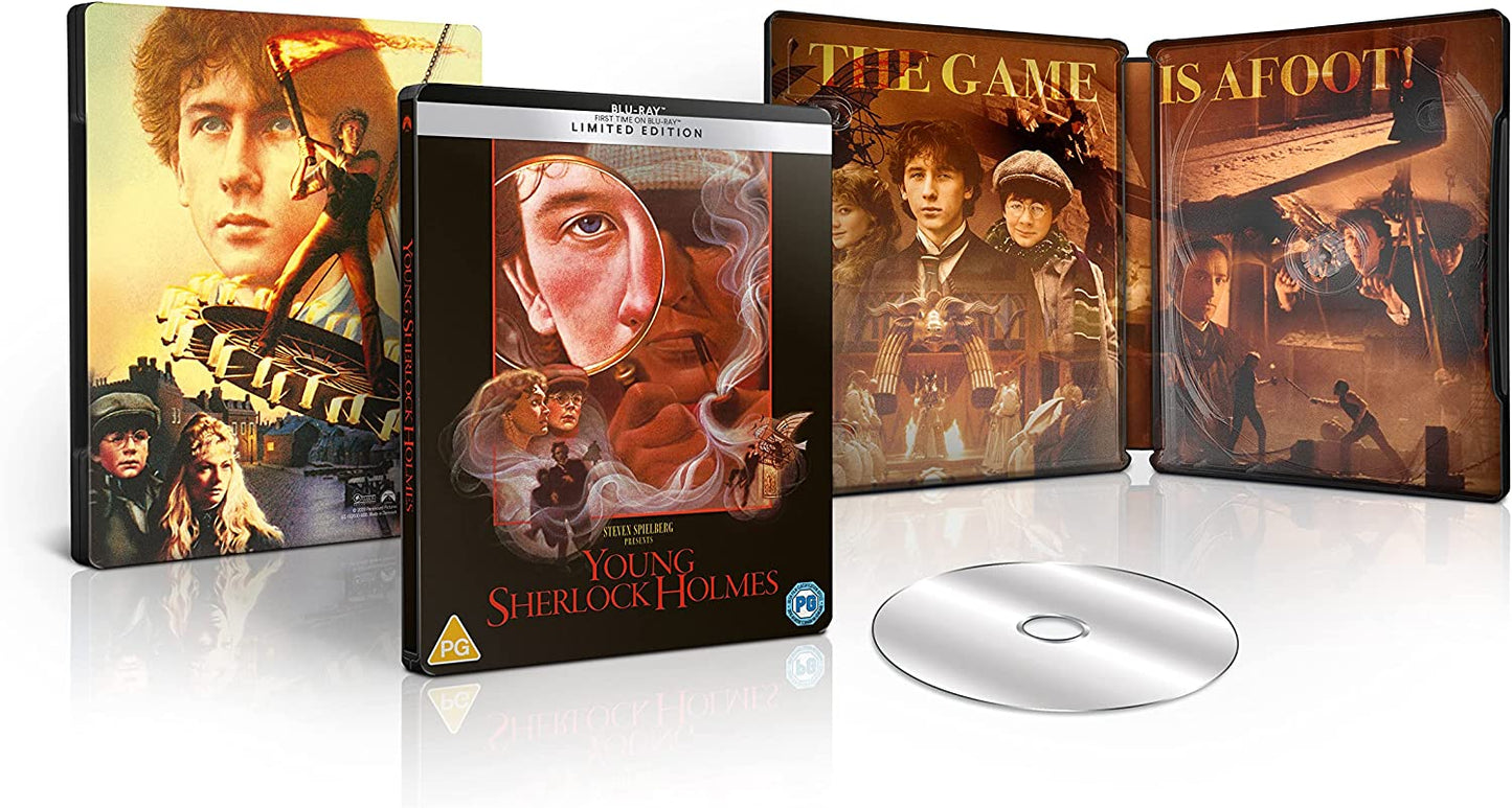 "Blu-ray case for 'Young Sherlock Holmes' with steelbook cover and disc."