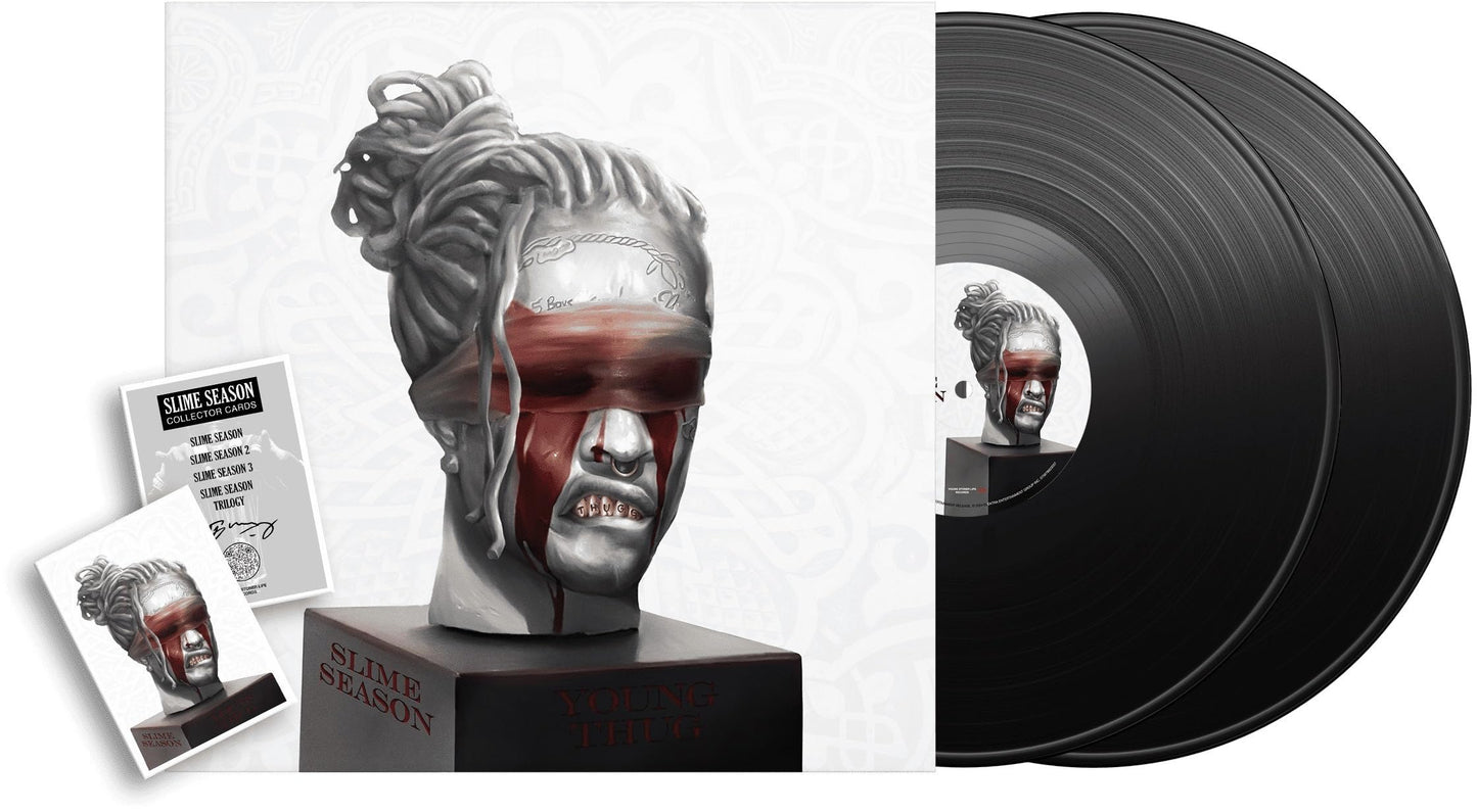 Young Thug's "Slime Season" vinyl record with a sculpted bust and cards.