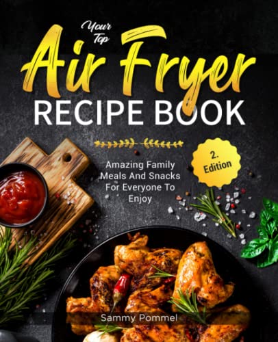 Air fryer recipe book cover with fried chicken and fresh herbs.