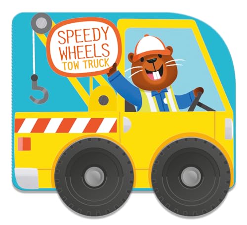 Yellow tow truck with a smiling beaver driver waving a sign.