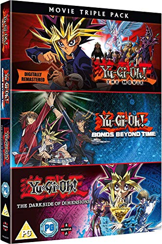 DVD cover for "Yu-Gi-Oh!" movie triple pack featuring anime characters.