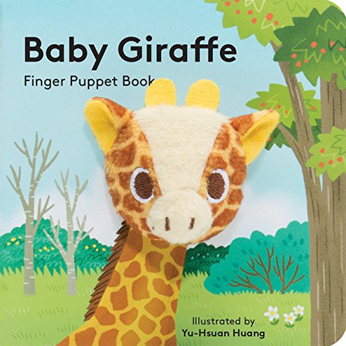 Board book cover with a plush giraffe head and leafy trees.