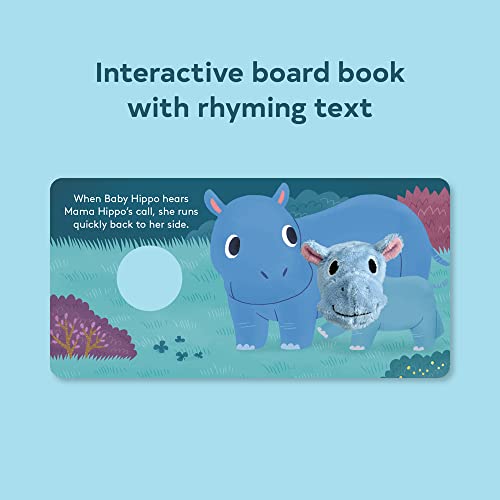 Board book page with illustrated mama and baby hippos, finger puppet space.