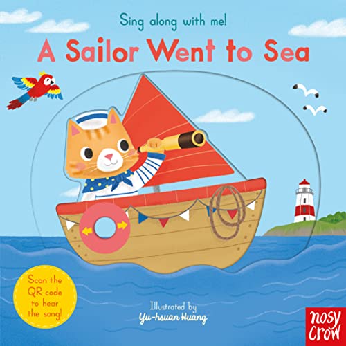 Cat sailor in a small boat on a blue sea, children’s book cover.