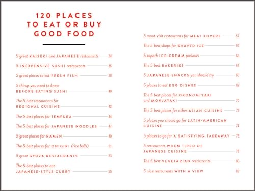 Book page listing 120 Tokyo food places with page numbers.