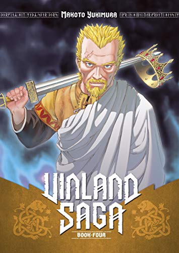 A blonde man holding a sword and crown on the Vinland Saga book cover.