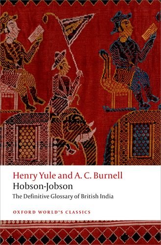 Book cover: "Hobson-Jobson" glossary, with illustrated figures and red background.