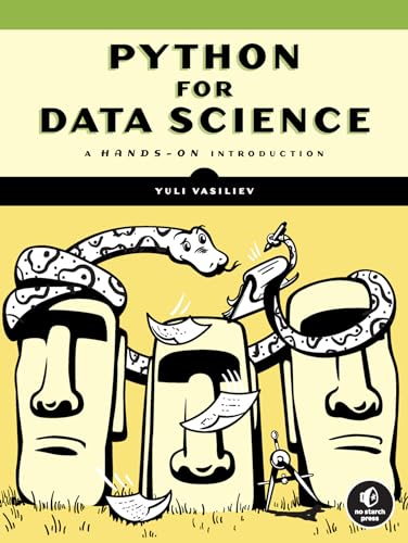Book cover: "Python for Data Science" with snake and Moai statues.