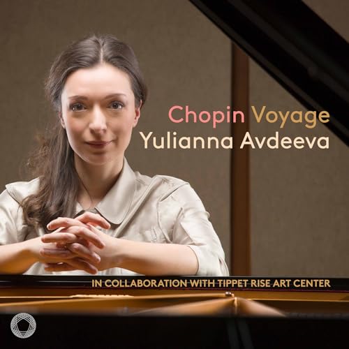 Pianist Yulianna Avdeeva portrait with a grand piano, album cover art.