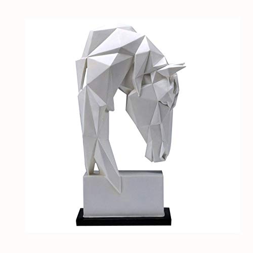 White geometric horse head sculpture on a rectangular base.