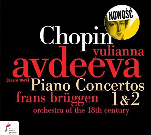 Black CD cover with multicolored text, featuring Chopin and piano concertos information.