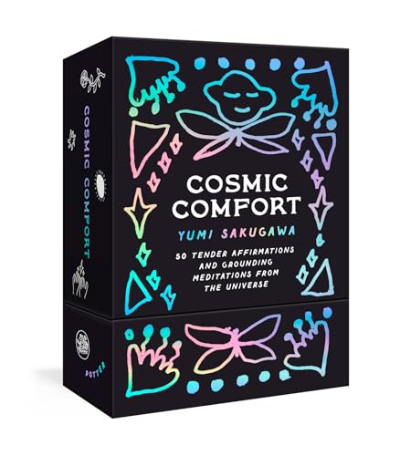 Black card deck with colorful, abstract doodles and "Cosmic Comfort" text.