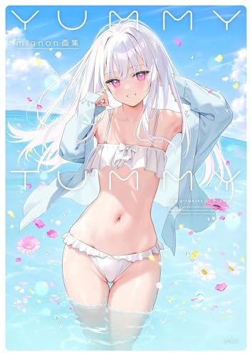 Anime illustration of a young woman in a bikini by the ocean.