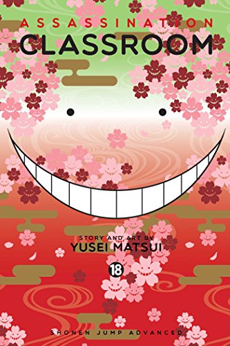Assassination Classroom volume 18 cover featuring a large smiling face over pink cherry blossoms.