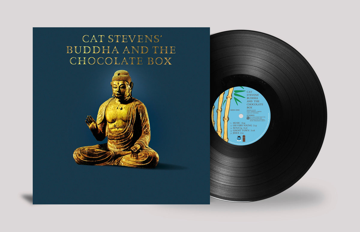 Vinyl record of Cat Stevens’ “Buddha and the Chocolate Box” with a Buddha image.