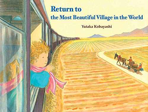 Boy looking from a train window at a rural landscape.