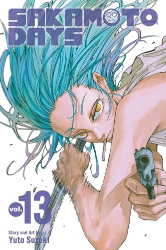 Manga cover of Sakamoto Days volume 13 featuring a character with blue hair holding guns.
