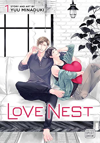 Manga cover: two men relaxing intimately with a large red heart.