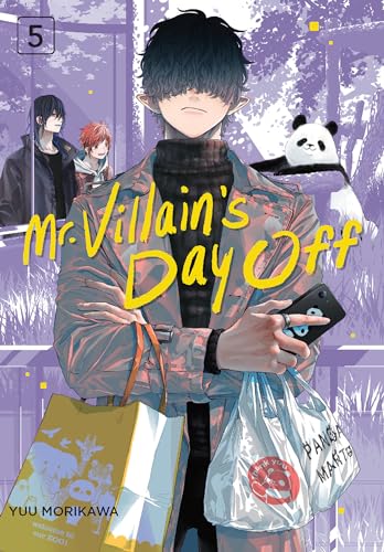 Manga cover: young man with panda, shopping bags, and blurred figures.