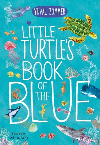 Book cover with illustrated sea creatures, a turtle, and blue text.