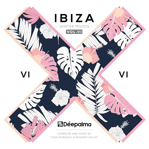Album cover with tropical floral pattern on dark blue background inside an X shape.
