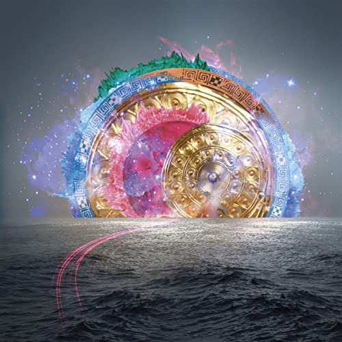 Colorful, ornate circular design over water with a starry sky.
