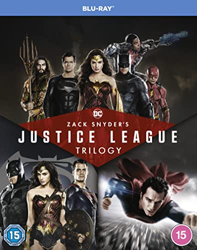 Blu-ray cover for Zack Snyder’s Justice League Trilogy featuring superhero characters.