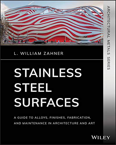 Book cover: "Stainless Steel Surfaces" with a wavy red building image.