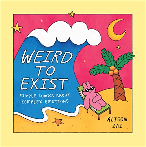 Book cover: pink rabbit relaxing on a beach under a crescent moon.