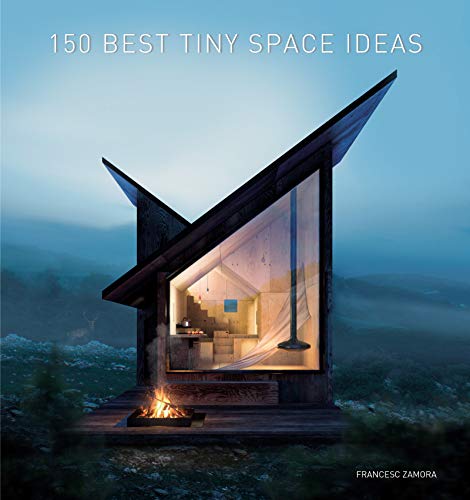 Book cover showing a modern tiny cabin with a campfire at dusk.