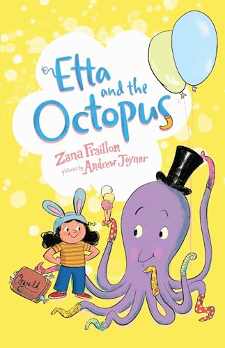 Book cover: girl with rabbit ears, octopus with top hat, balloons.