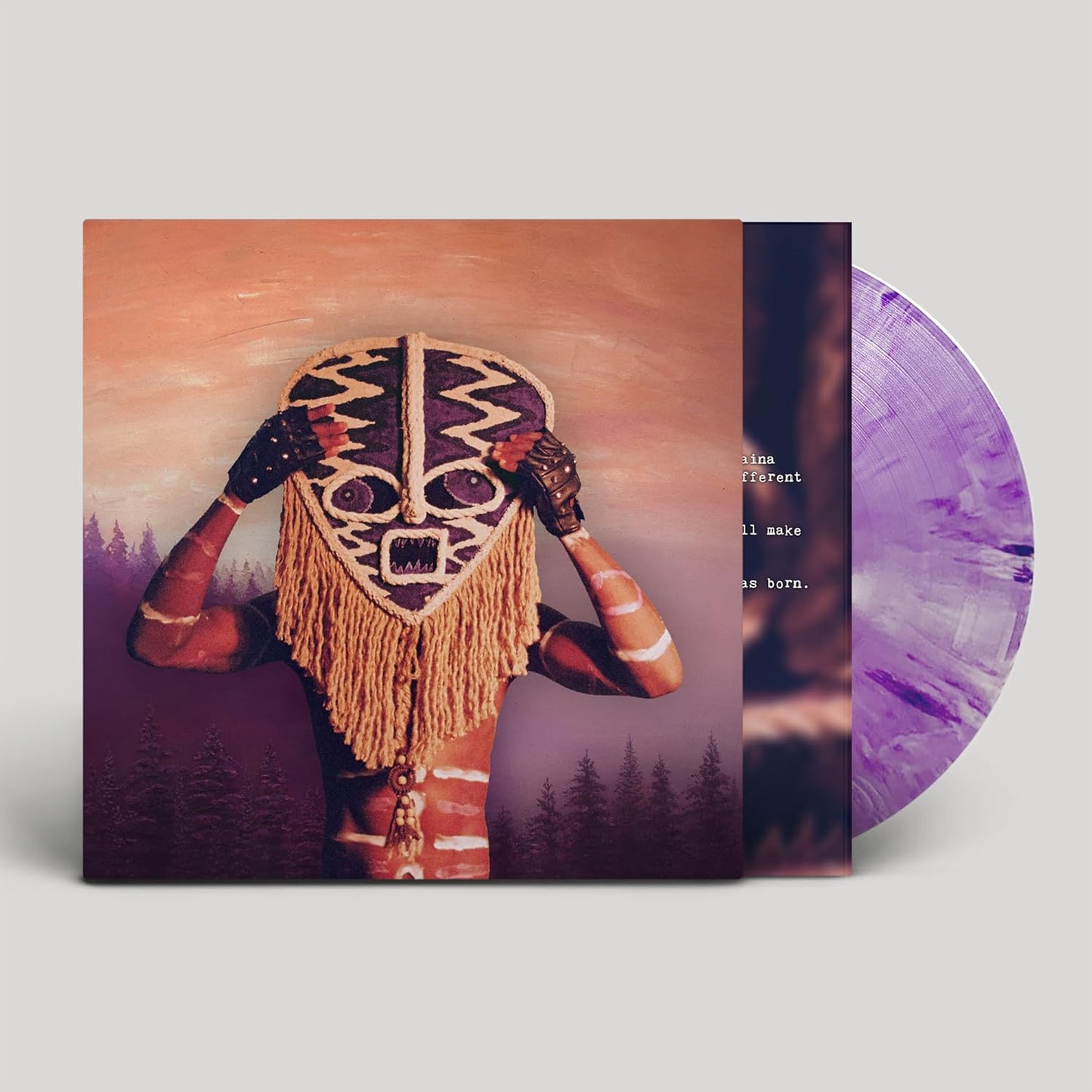 A person wearing a tribal mask stands before a forest with a purple vinyl record.