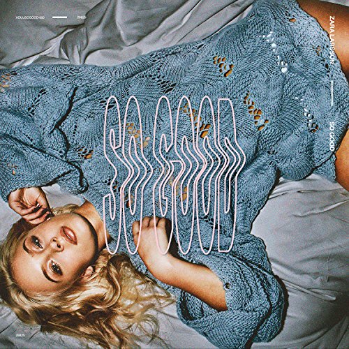 Zara Larsson album cover, “So Good,” featuring a blonde woman in blue knitwear.