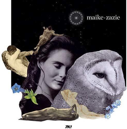 Black and white album cover featuring a woman, owl, and celestial imagery.