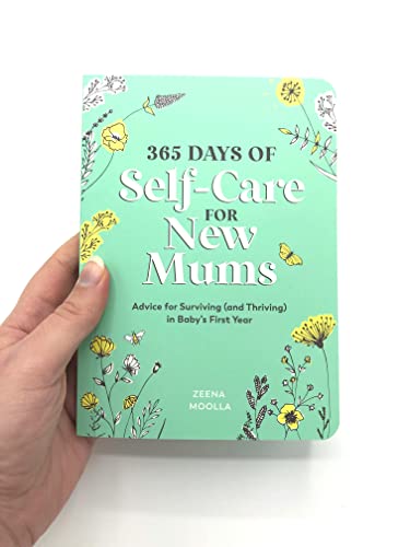 Green book cover with floral illustrations, titled "365 Days of Self-Care for New Mums".