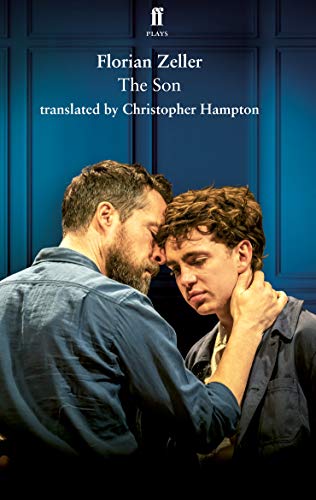 Two men embrace closely, book cover for “The Son” play.